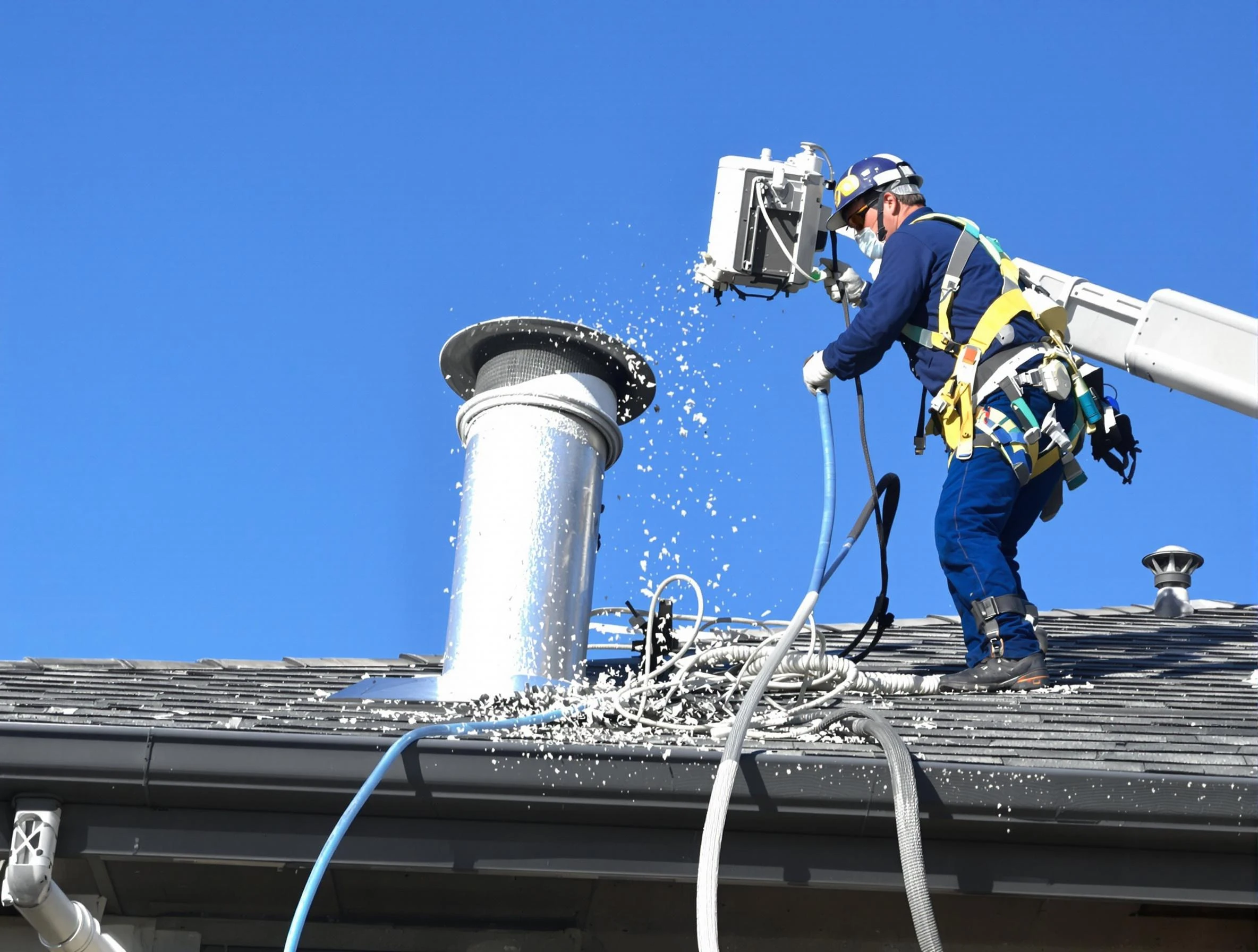 Dormont Dryer Vent Cleaning certified technician safely cleaning a roof-mounted dryer vent in Dormont